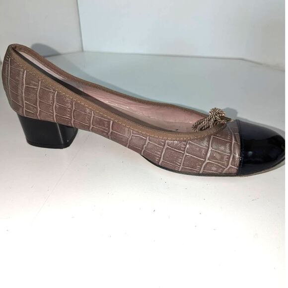 Paul Mayer Attitudes Block Heel Tan Croc Embossed Leather Black Patent Toe 9.5 - Picture 10 of 10